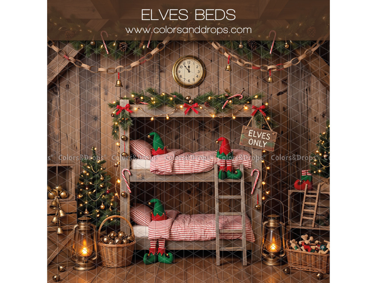 Fond photo latéral de Noël Elves Beds – lits superposés des elfes avec draps roses | Colors&Drops