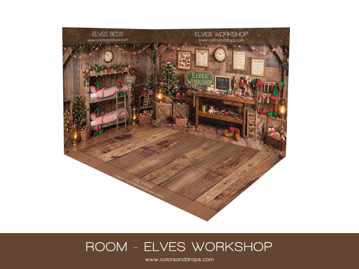 Fondo fotográfico de esquina de Navidad Elves Workshop – taller de los elfos con camas en esquina y parquet | Colors&Drops