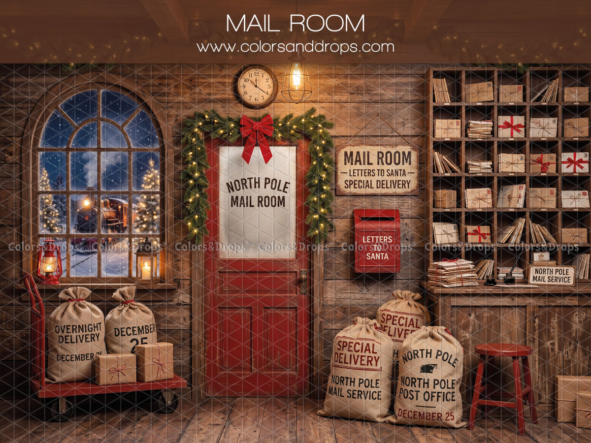 Fond photo de Noël Mailroom – salle du courrier du Père Noël avec porte rouge | Colors&Drops
