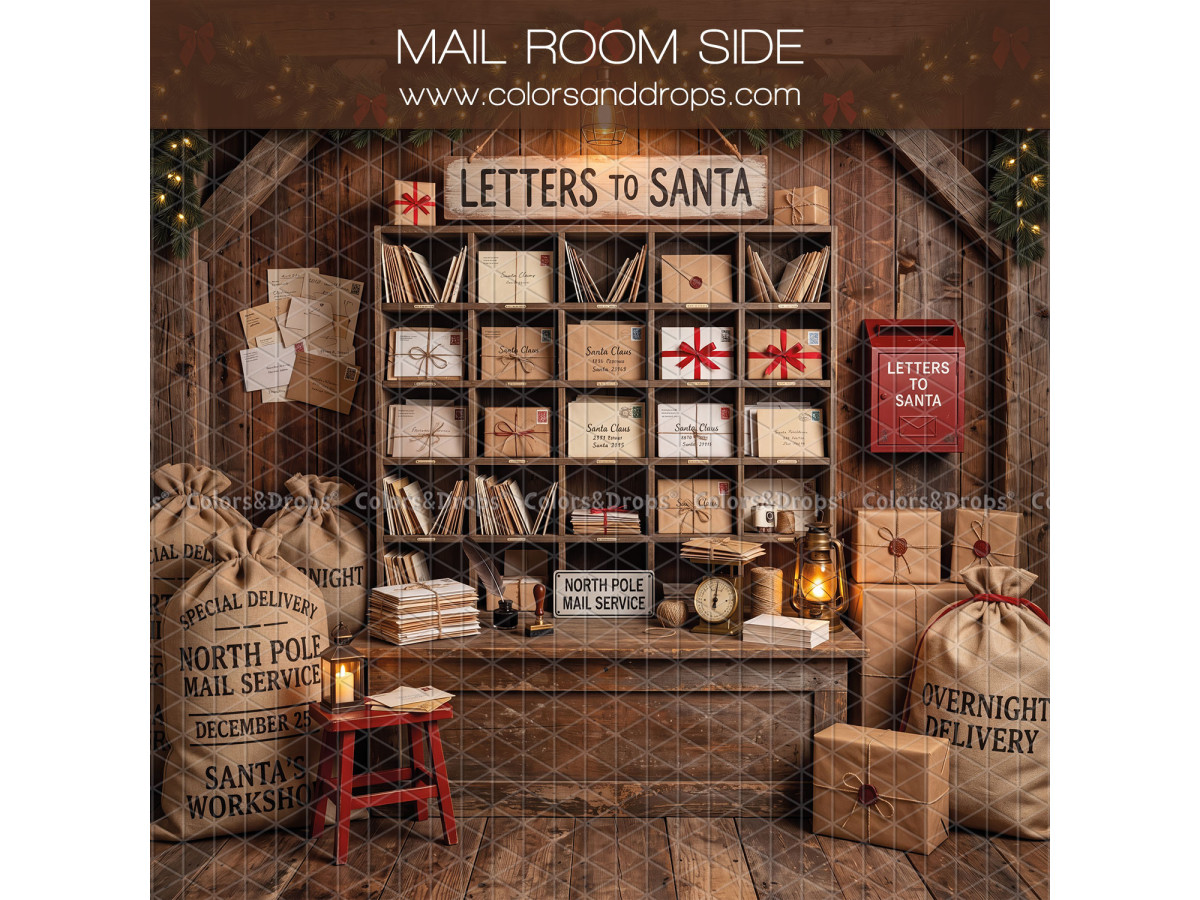 Fond photo latéral de Noël Mailroom Side – casiers de lettres au Père Noël avec sacs postaux | Colors&Drops