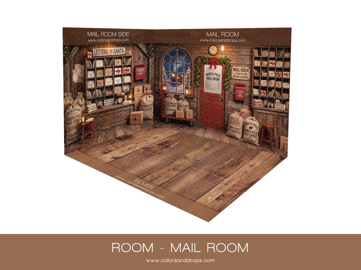 Fond photo d'angle de Noël Mail Room – salle du courrier de Noël en coin avec parquet | Colors&Drops