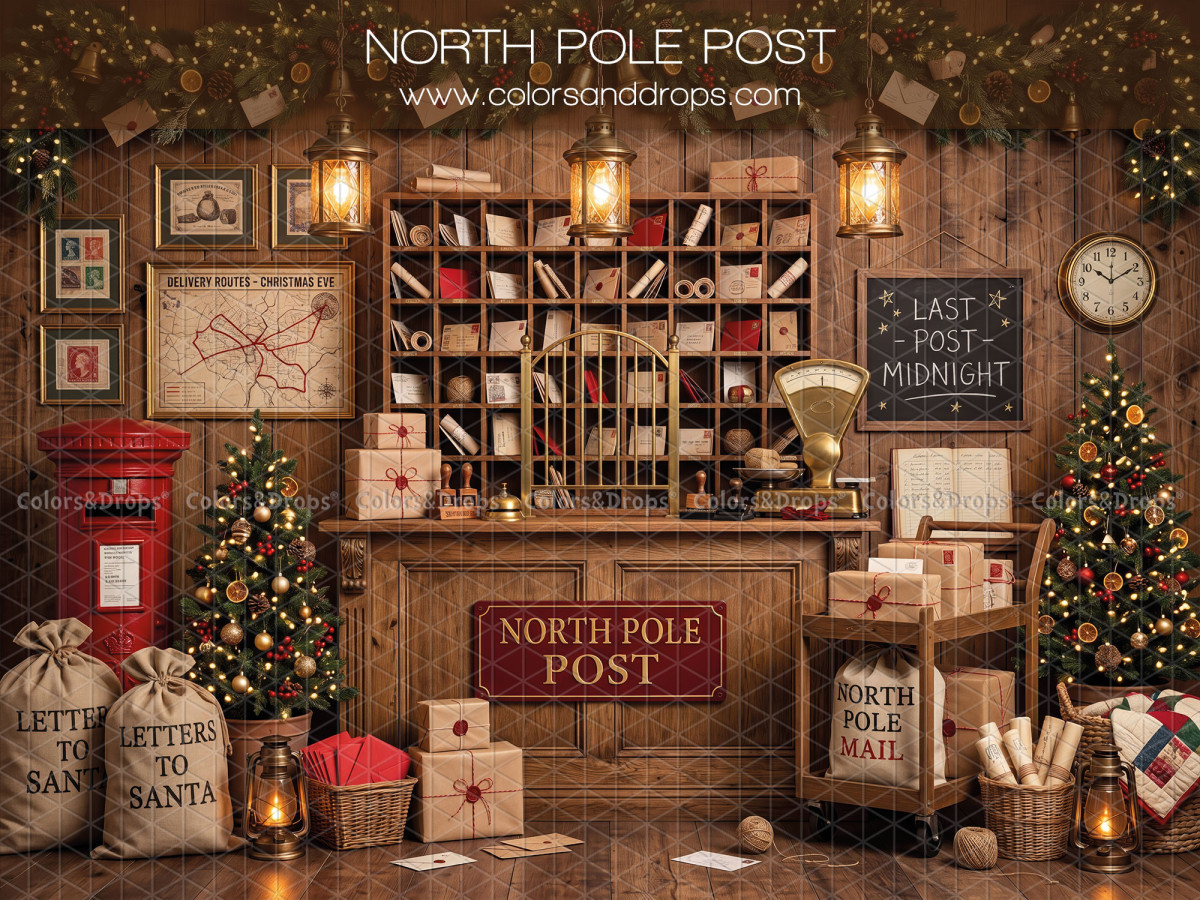 Fond photo de Noël North Pole Post – bureau de poste du pôle Nord avec boîte aux lettres | Colors&Drops