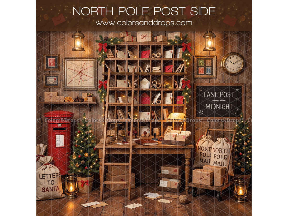 Fond photo latéral de Noël North Pole Post Side – bureau de poste avec casiers et boîte rouge | Colors&Drops