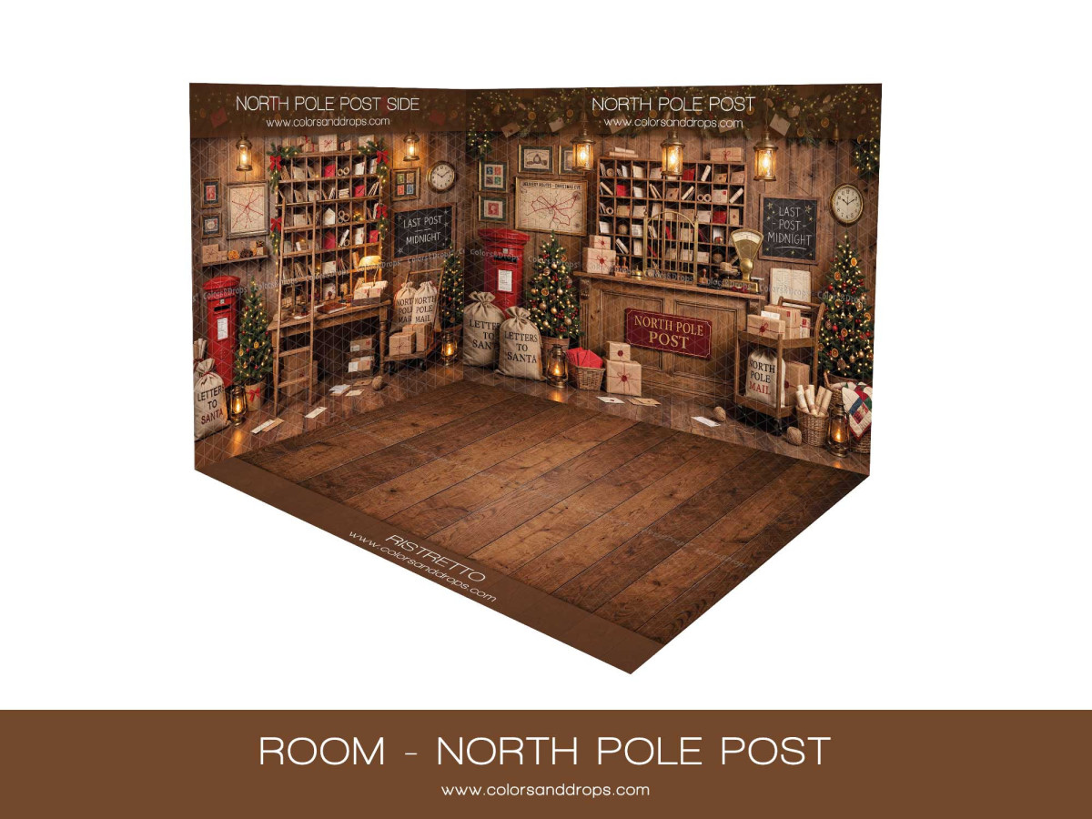 Fond photo d'angle de Noël North Pole Post – bureau de poste du pôle Nord en coin avec parquet | Colors&Drops