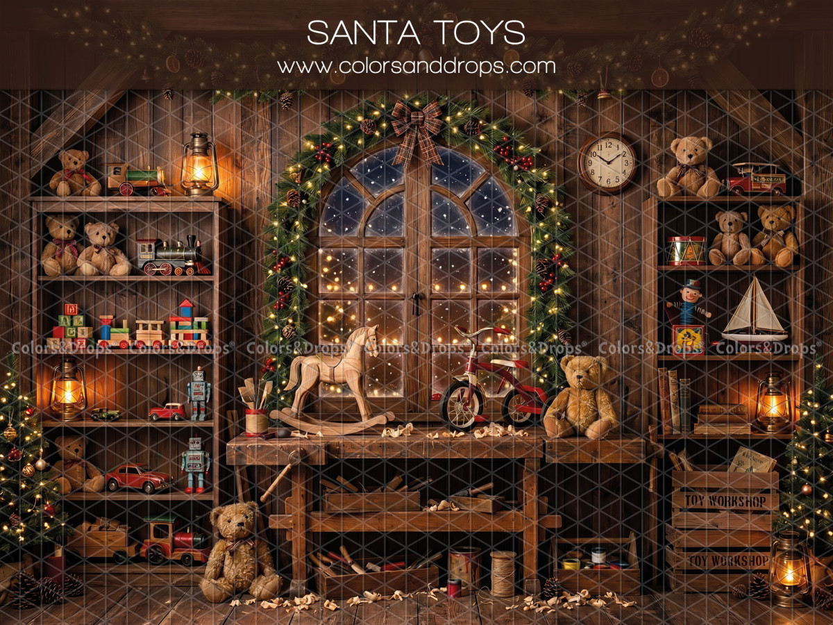 Fond photo de Noël Santa Toys – atelier des jouets du Père Noël avec fenêtre et ours | Colors&Drops