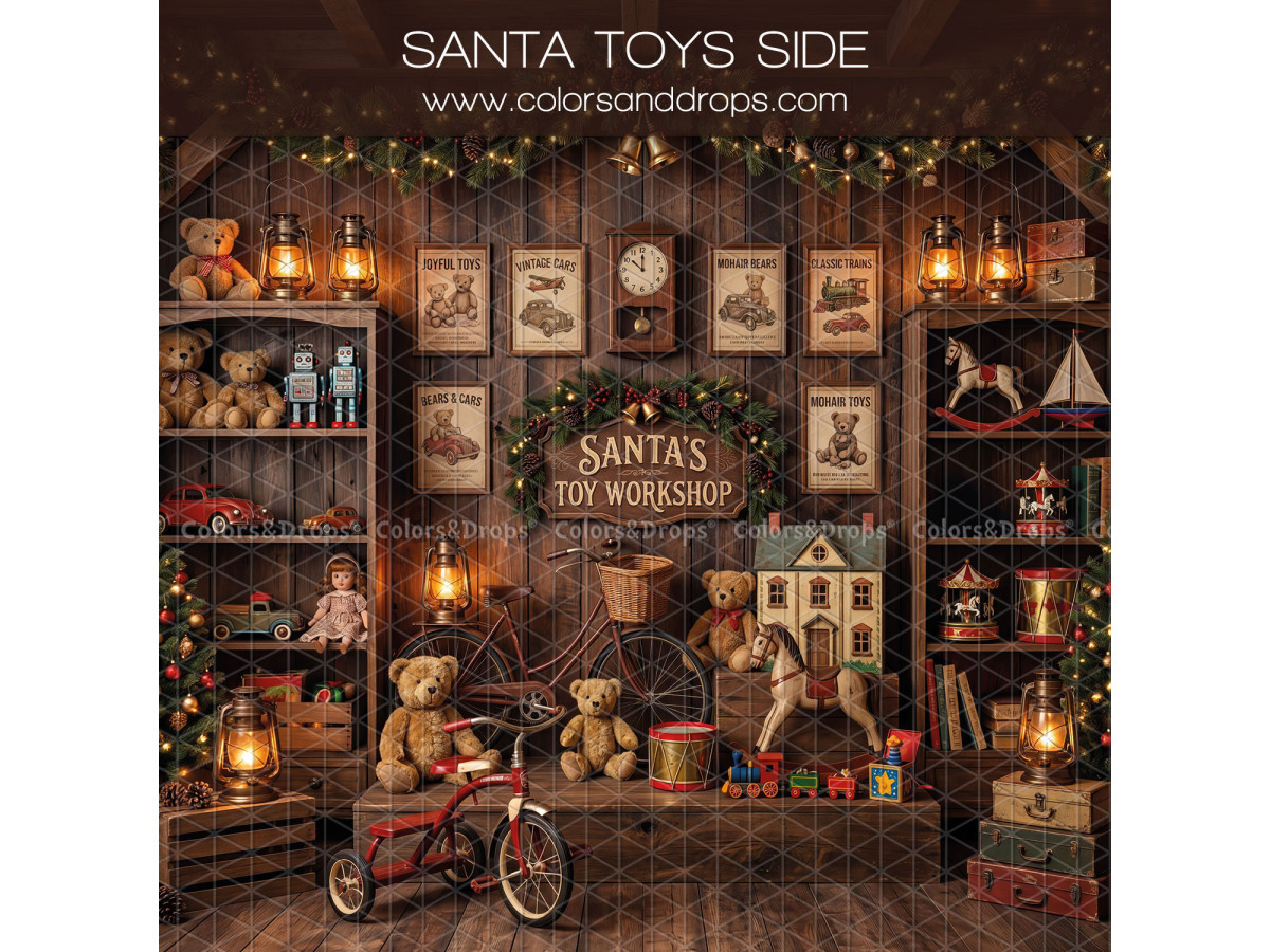 Fondo fotográfico lateral de Navidad Santa Toys Side – estantes de juguetes de Papá Noel con triciclo | Colors&Drops