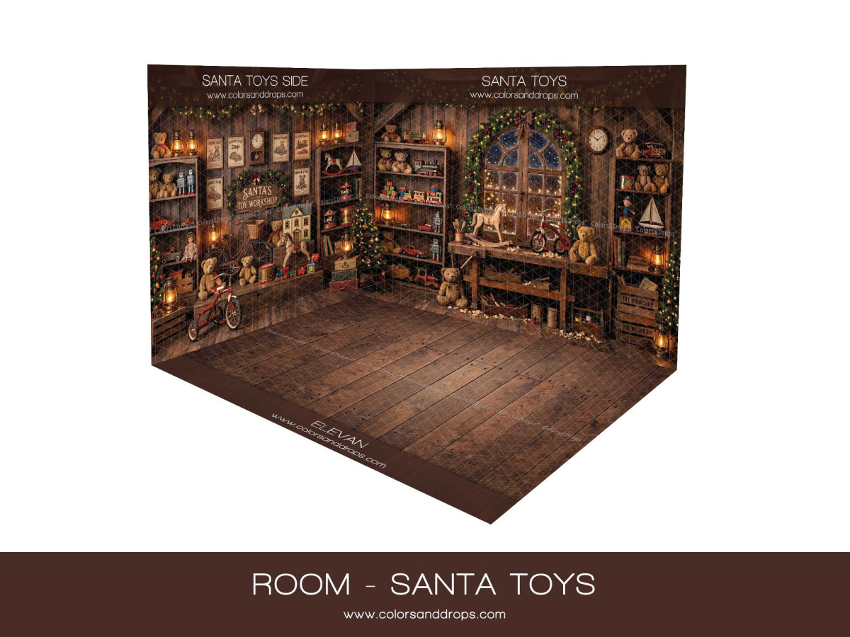 Fond photo d'angle de Noël Santa Toys – atelier des jouets du Père Noël en coin avec parquet | Colors&Drops