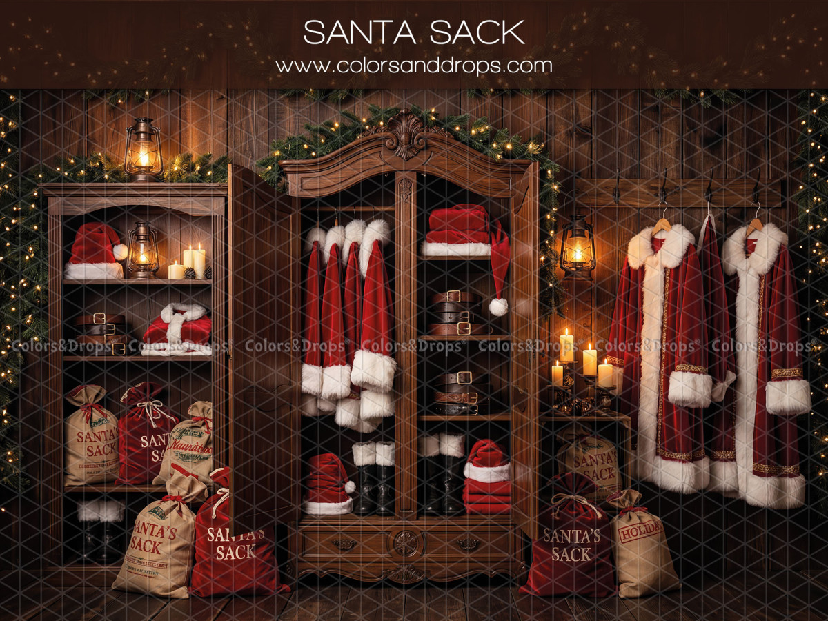 Fond photo de Noël Santa Sack – vestiaire du Père Noël avec armoire et manteaux rouges | Colors&Drops