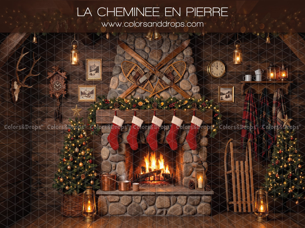 Fond photo de Noël La Cheminee en Pierre – cheminée en pierre de Noël avec chaussettes et luge | Colors&Drops