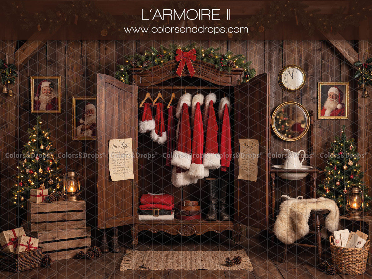 Fond photo de Noël L'Armoire II – armoire du Père Noël avec costumes et horloge | Colors&Drops
