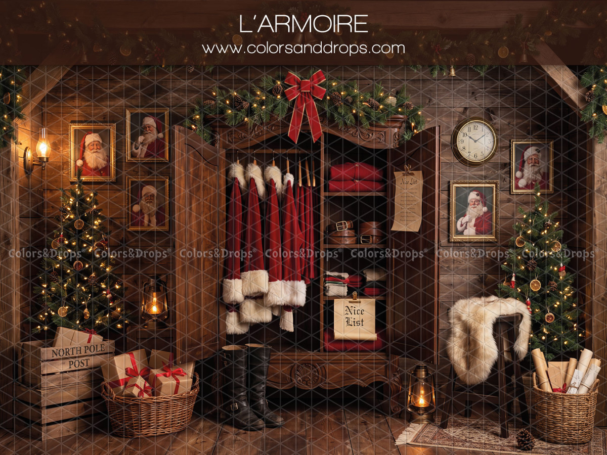 Fond photo de Noël L'Armoire – armoire du Père Noël avec costumes et sapins | Colors&Drops