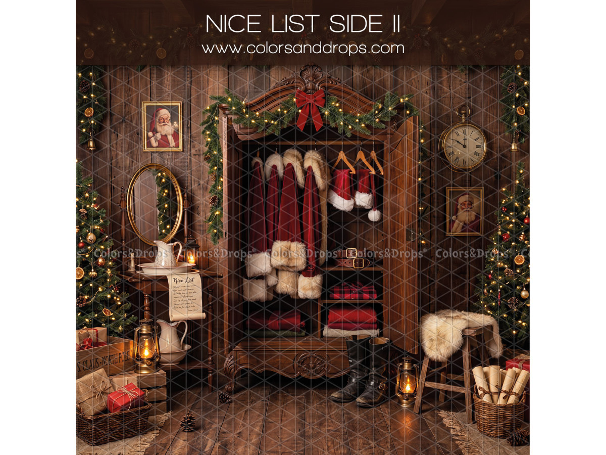 Fondo fotográfico lateral de Navidad Nice List Side II – armario de Papá Noel con espejo | Colors&Drops