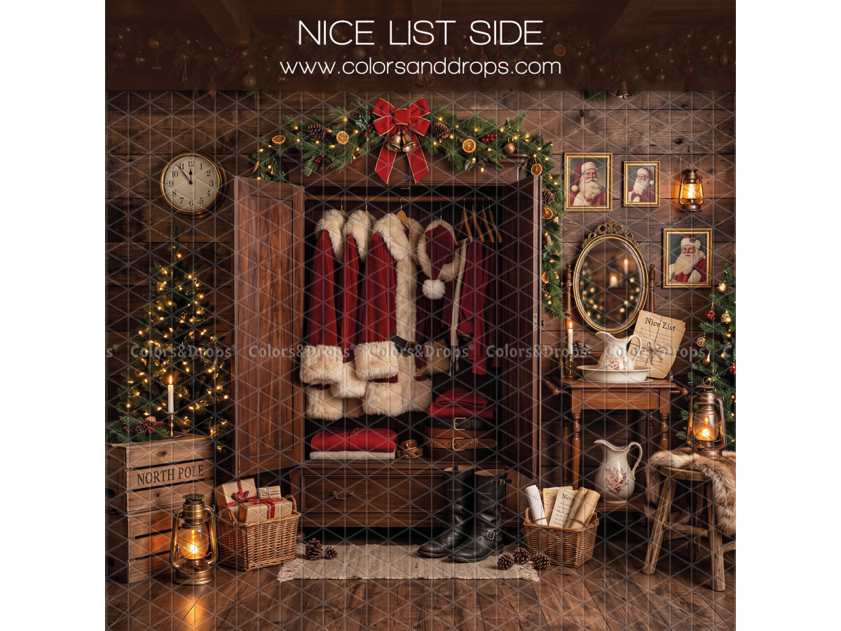Fondo fotográfico lateral de Navidad Nice List Side – armario abierto de Papá Noel con botas | Colors&Drops