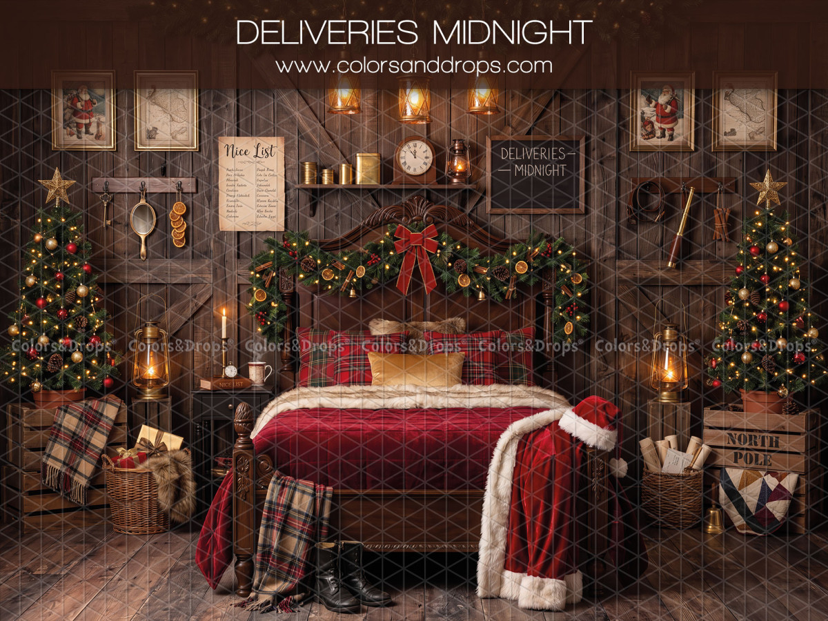 Fond photo de Noël Deliveries Midnight – chambre du Père Noël avec lit rouge et guirlande | Colors&Drops
