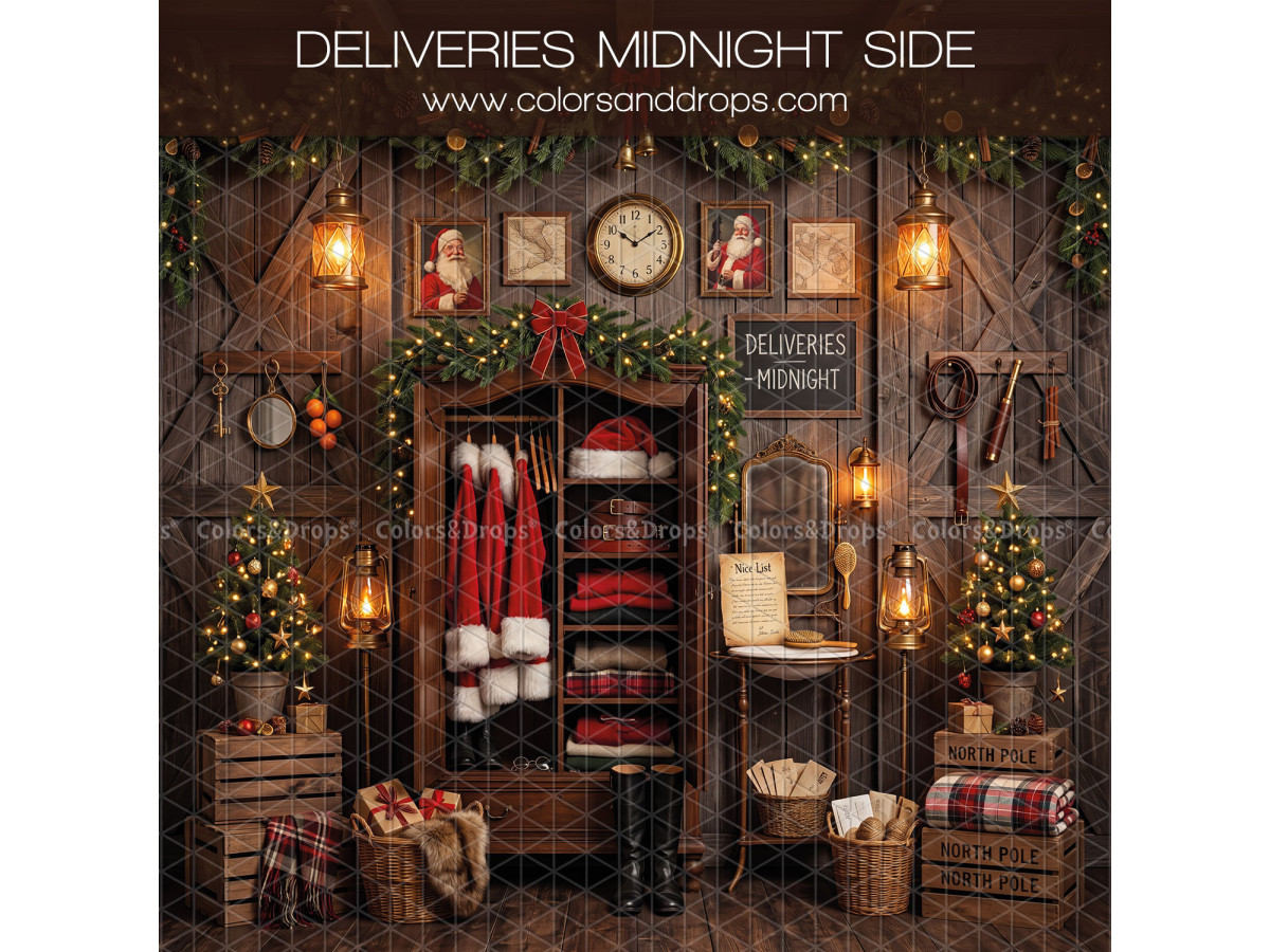Fond photo latéral de Noël Deliveries Midnight Side – armoire du Père Noël avec costume | Colors&Drops