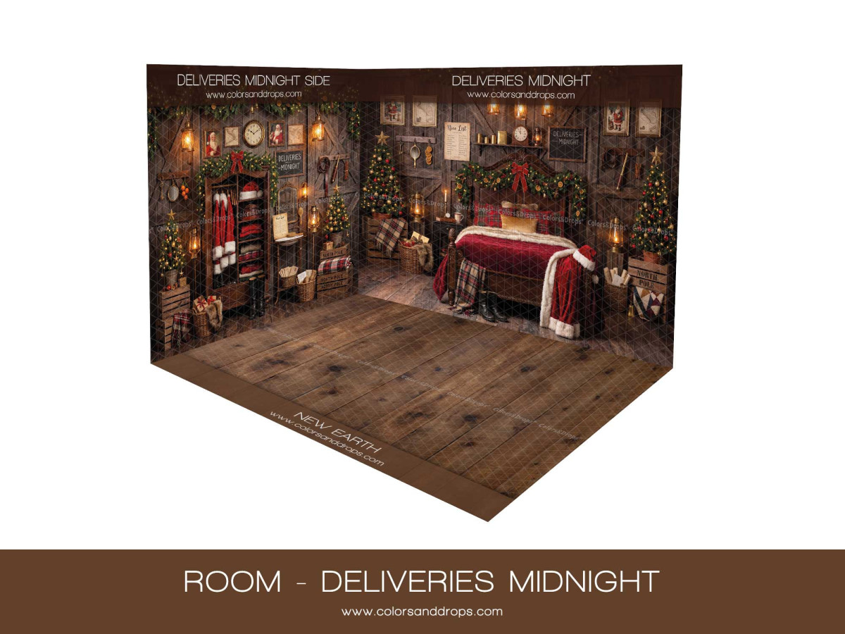 Fond photo d'angle de Noël Deliveries Midnight – chambre du Père Noël en coin avec parquet | Colors&Drops