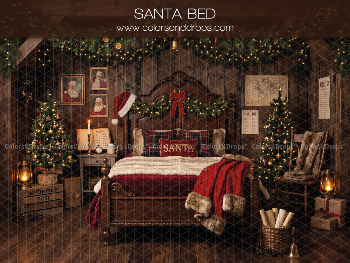 Fond photo de Noël Santa Bed – lit du Père Noël avec couverture rouge et chaise | Colors&Drops
