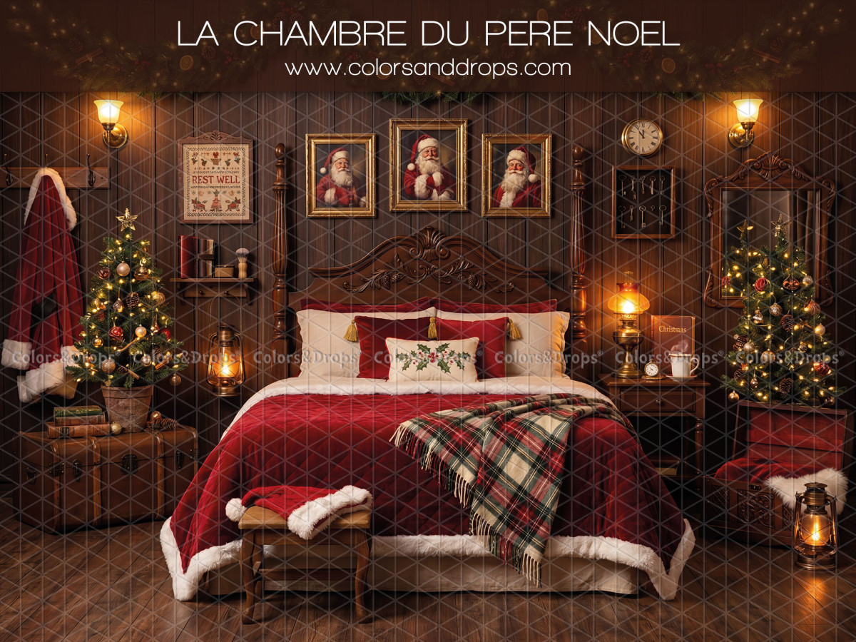 Fond photo de Noël La Chambre du Pere Noel – chambre du Père Noël avec lit et plaid écossais | Colors&Drops