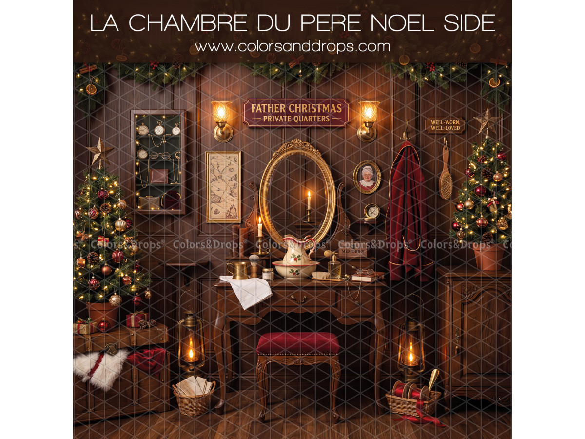 Fond photo latéral de Noël La Chambre du Pere Noel Side – coiffeuse du Père Noël avec miroir et sapins | Colors&Drops