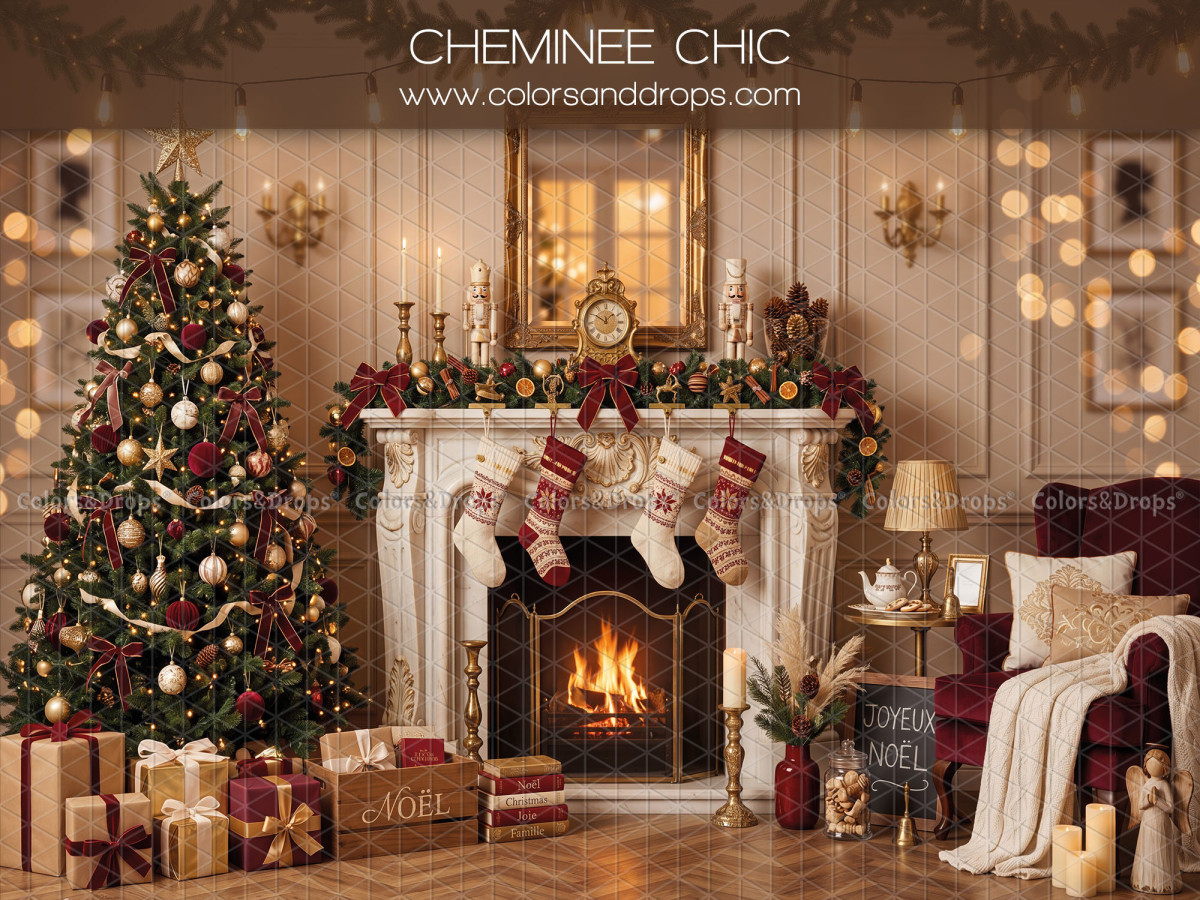 Fond photo de Noël Cheminee Chic – cheminée blanche chic de Noël avec sapin et chaussettes | Colors&Drops
