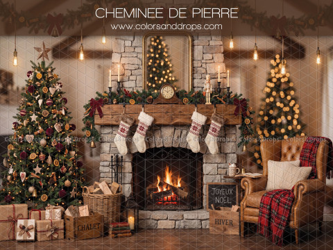Christmas photo backdrop Cheminee de Pierre – Christmas stone fireplace with leather armchair | Colors&Drops