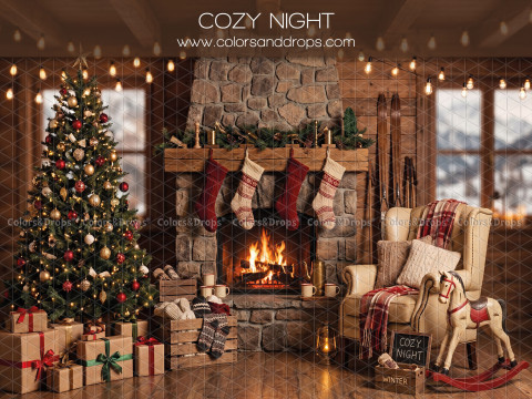 Fond photo de Noël Cozy Night – chalet de Noël avec cheminée en pierre et fauteuil | Colors&Drops