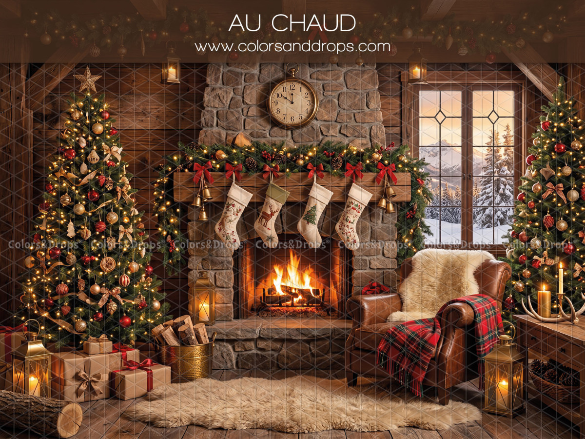 Christmas photo backdrop Au Chaud – stone fireplace with clock, armchair and trees | Colors&Drops