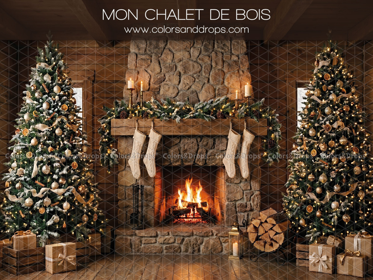 Christmas photo backdrop Mon Chalet de Bois – wooden chalet with stone fireplace and two trees | Colors&Drops