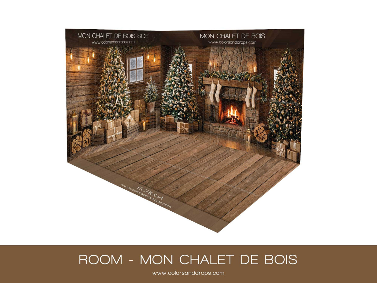 Fond photo d'angle de Noël Mon Chalet de Bois – chalet de bois de Noël en coin avec parquet | Colors&Drops