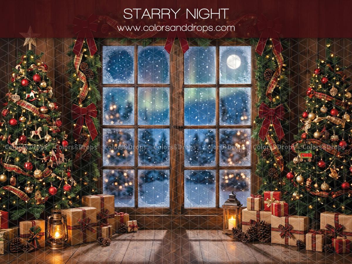 Fond photo de Noël Starry Night – fenêtre de nuit étoilée avec sapins de Noël | Colors&Drops