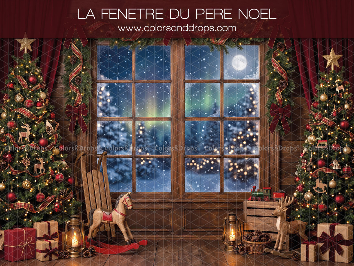 Fond photo de Noël La Fenetre du Pere Noel – fenêtre du Père Noël avec aurore boréale et luge | Colors&Drops