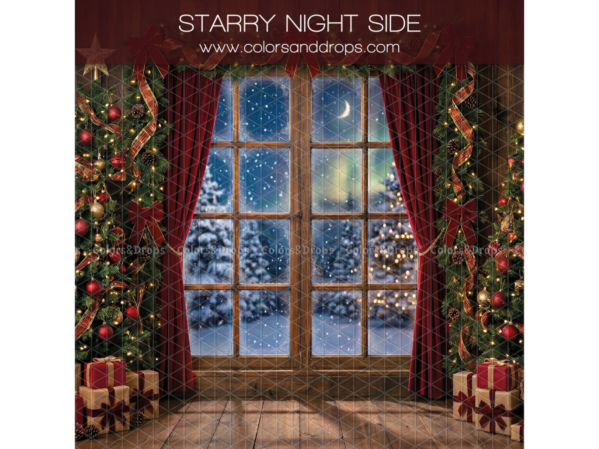 Fondo fotográfico lateral de Navidad Starry Night Side – ventana nocturna con cortinas rojas | Colors&Drops