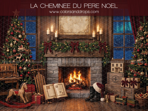 Fond photo de Noël La Cheminee du Pere Noel – cheminée du Père Noël en pierre avec livre et jouets | Colors&Drops