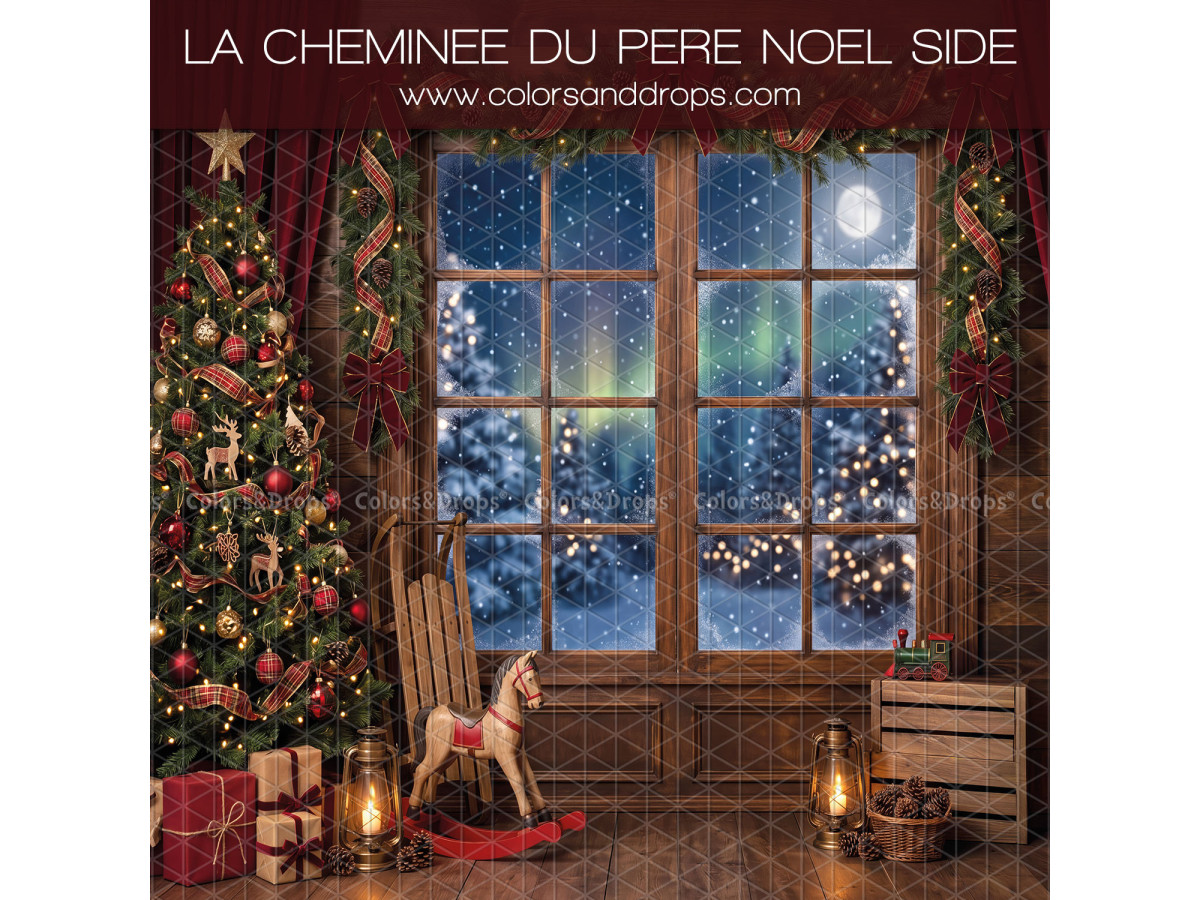 Fond photo latéral de Noël La Cheminee du Pere Noel Side – fenêtre aurore boréale avec sapin | Colors&Drops