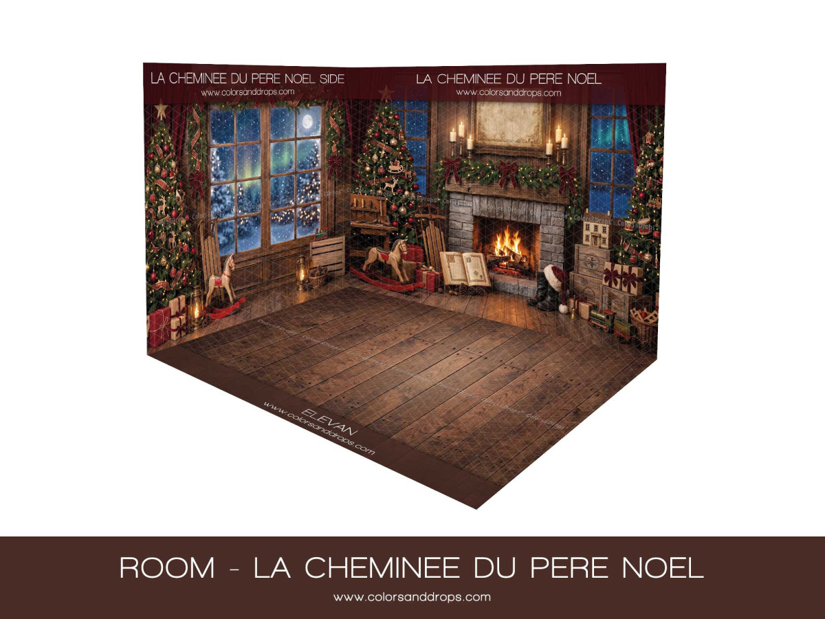 Fond photo d'angle La Cheminee du Pere Noel – cheminée du Père Noël en coin avec parquet | Colors&Drops