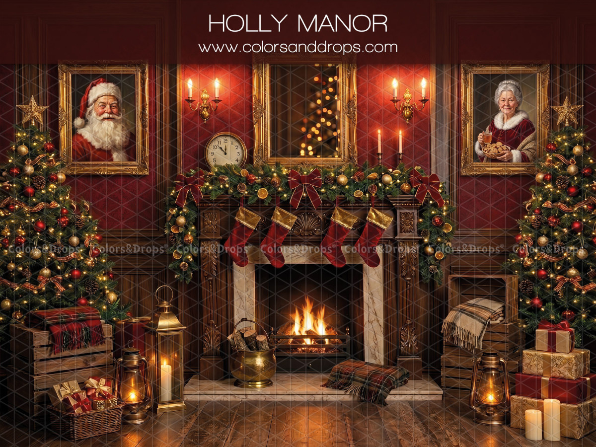 Fond photo de Noël Holly Manor – manoir de Noël rouge avec cheminée et portraits | Colors&Drops