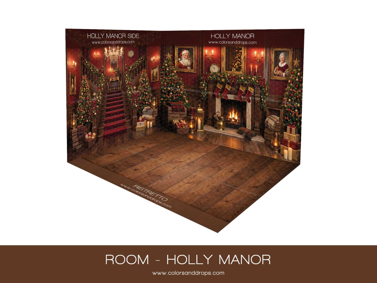 Fond photo d'angle de Noël Holly Manor – manoir de Noël en coin avec escalier et parquet | Colors&Drops