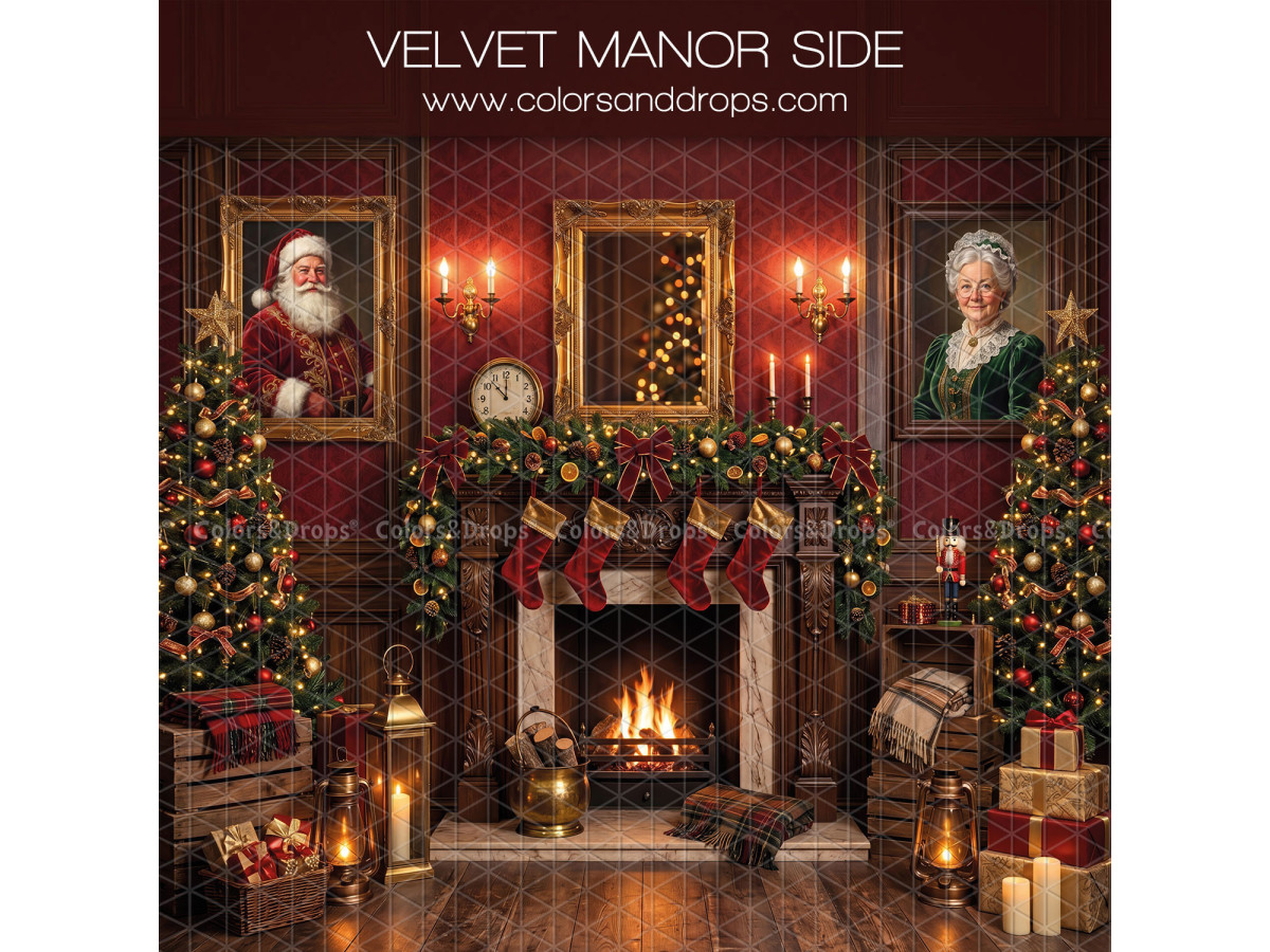 Fondo fotográfico lateral de Navidad Velvet Manor Side – salón de mansión rojo con chimenea y retratos | Colors&Drops