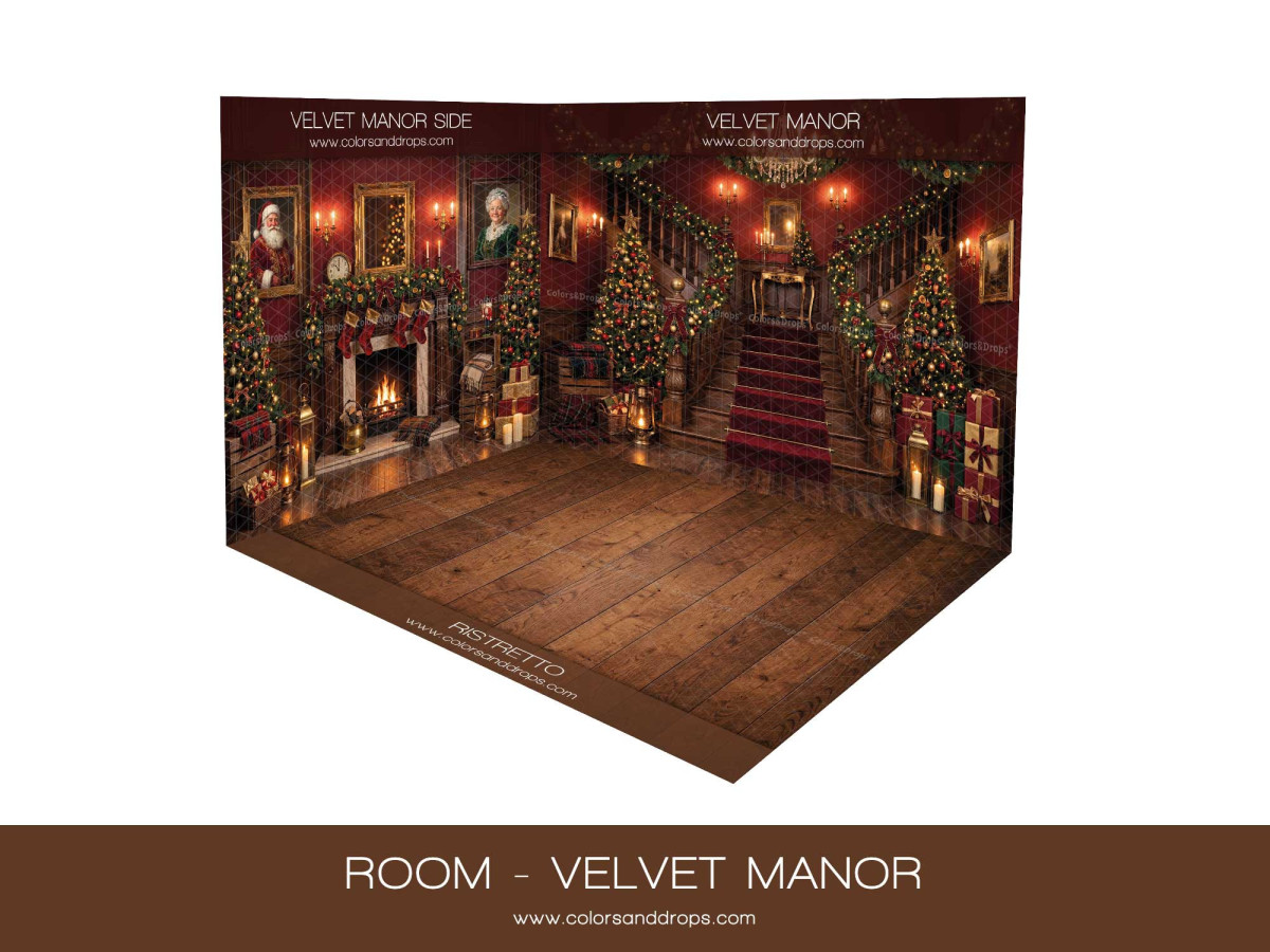 Fond photo d'angle de Noël Velvet Manor – manoir en velours rouge en coin avec parquet | Colors&Drops