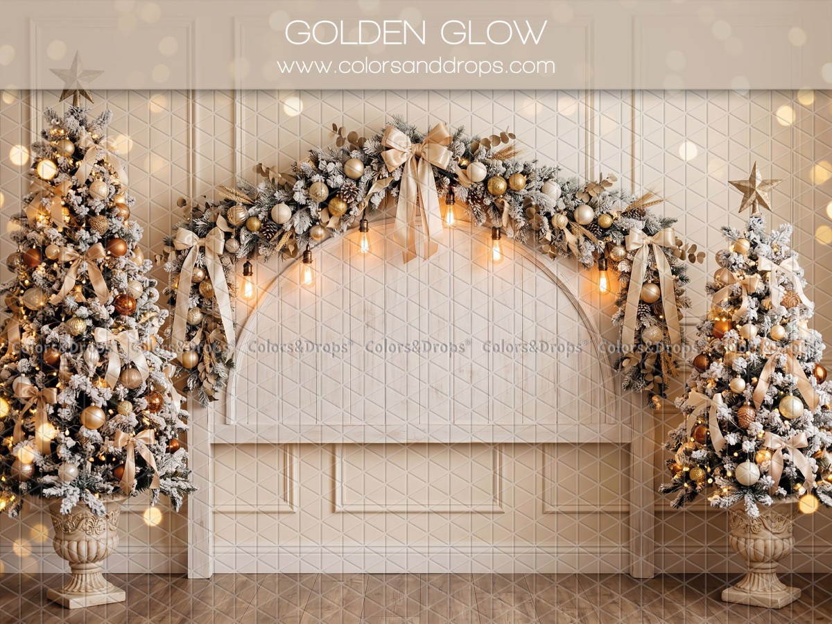 Christmas photo backdrop Golden Glow – white headboard with gold garland and trees | Colors&Drops