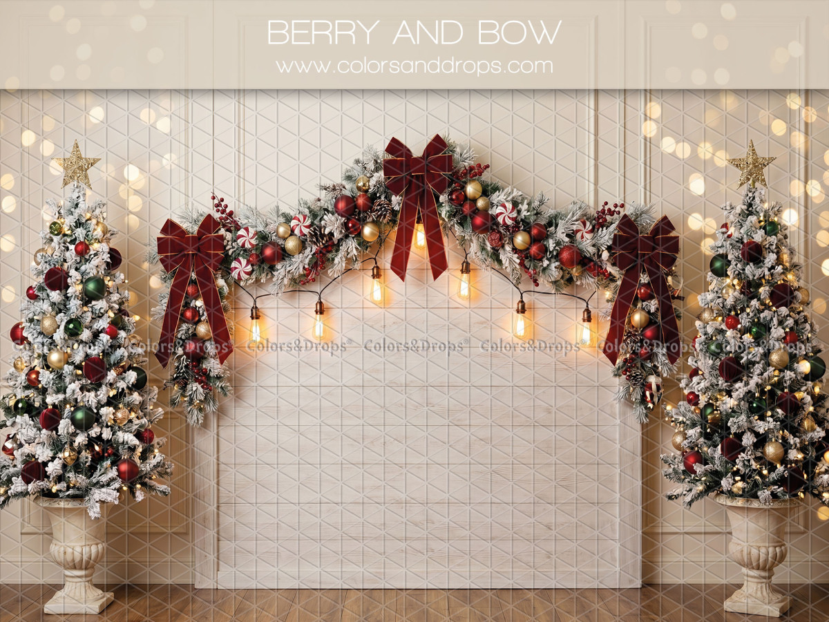 Fond photo de Noël Berry and Bow – tête de lit blanche avec guirlande et nœuds rouges | Colors&Drops