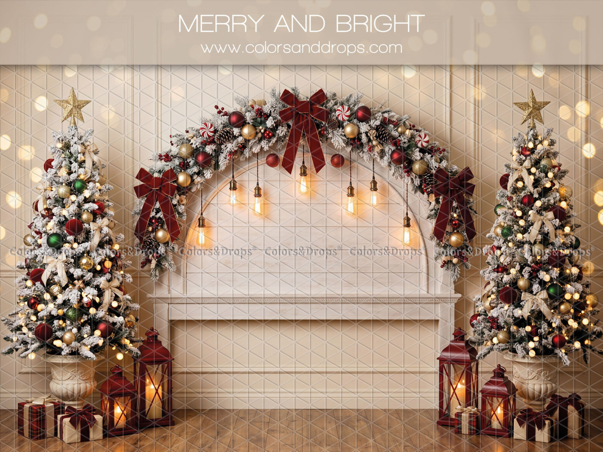 Fond photo de Noël Merry and Bright – tête de lit blanche de Noël avec lanternes rouges | Colors&Drops