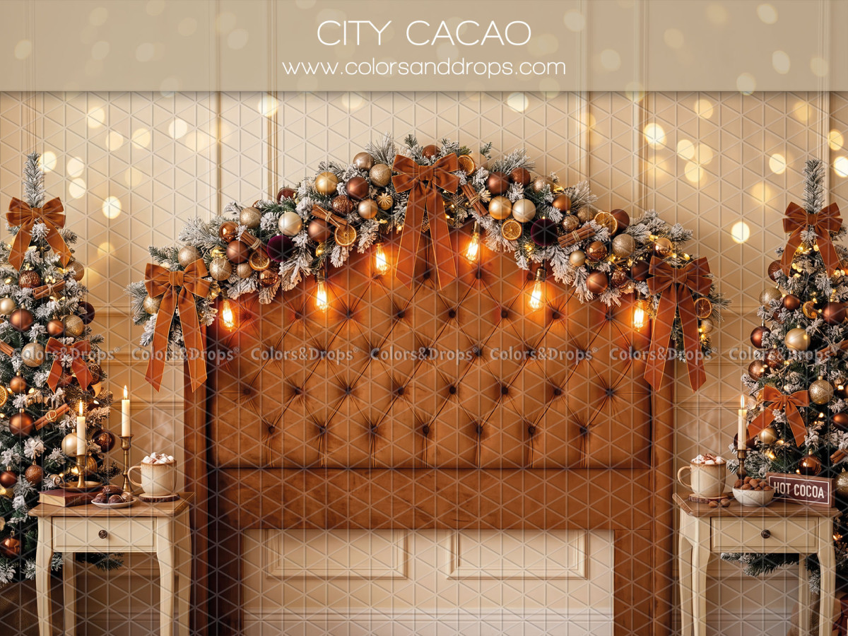 Fond photo de Noël City Cacao – tête de lit capitonnée caramel avec guirlande | Colors&Drops