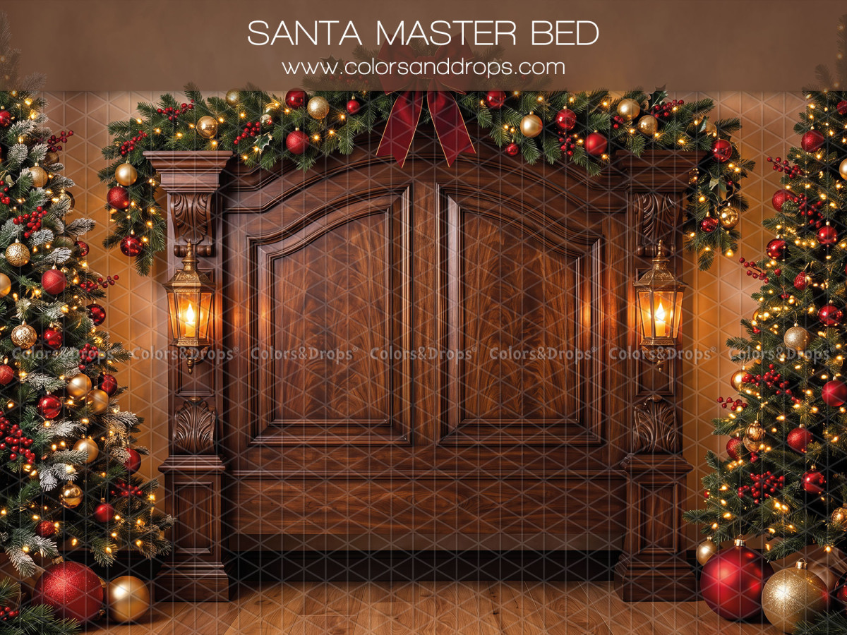 Fond photo de Noël Santa Master Bed – grande tête de lit en bois sculpté de Noël | Colors&Drops