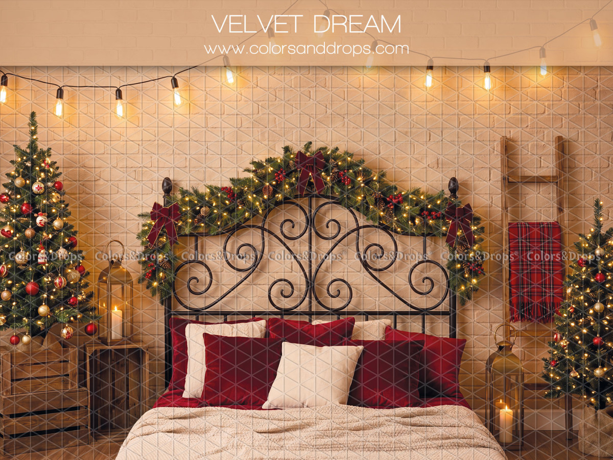 Fond photo de Noël Velvet Dream – lit en fer forgé noir avec coussins rouges | Colors&Drops