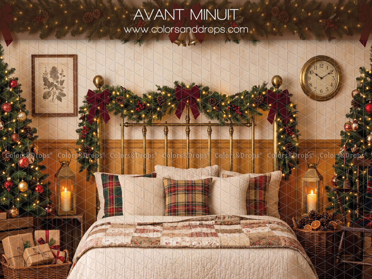 Fond photo de Noël Avant Minuit – lit en laiton avec plaid écossais et horloge | Colors&Drops