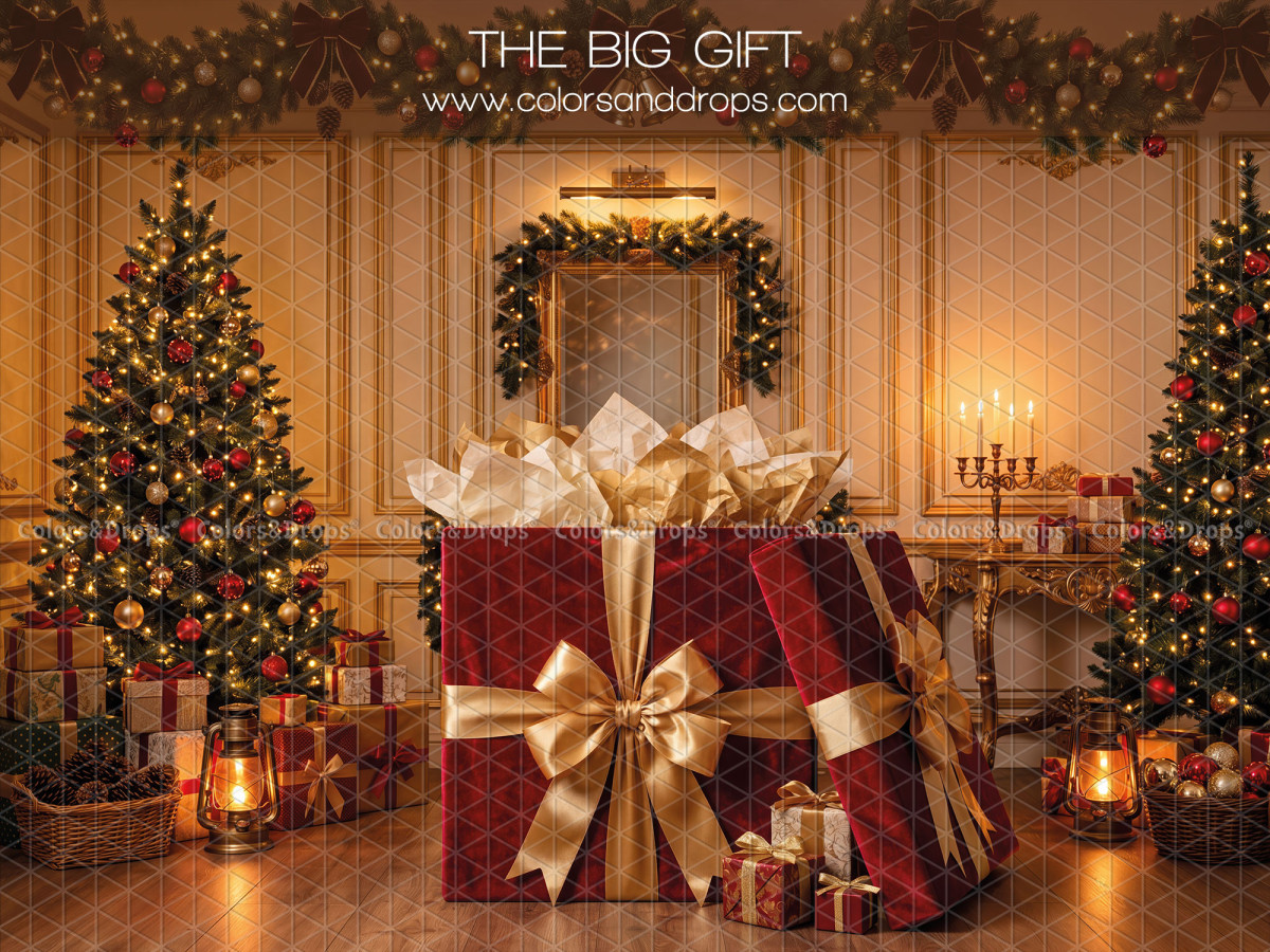 Fond photo de Noël The Big Gift – salon doré avec cadeau géant et sapins | Colors&Drops