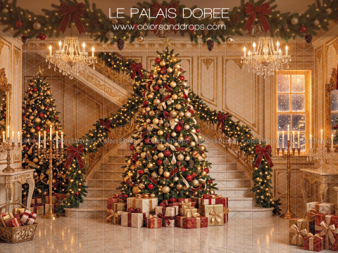Fond photo de Noël Le Palais Doree – palais doré avec grand escalier et sapin | Colors&Drops
