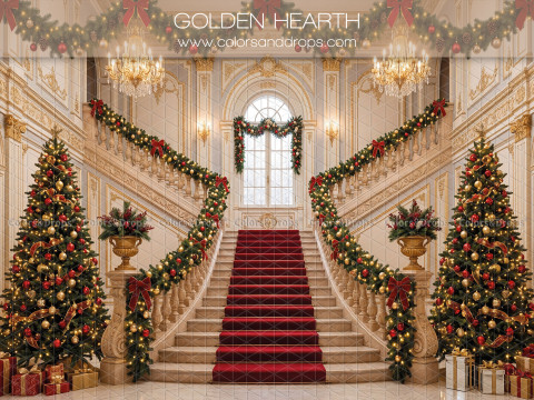 Fond photo de Noël Golden Hearth – grand escalier de palais avec tapis rouge et fenêtre | Colors&Drops