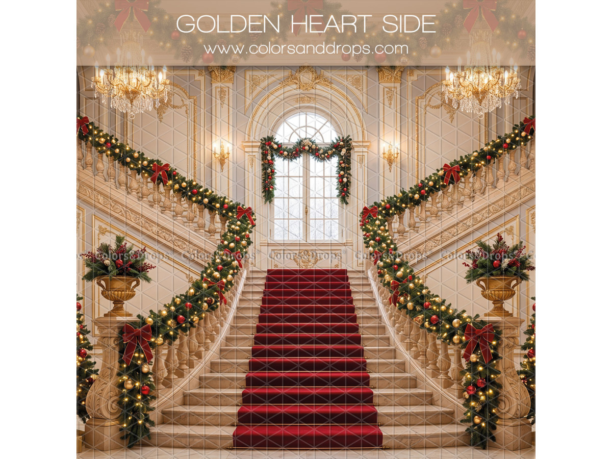 Fondo fotográfico lateral de Navidad Golden Hearth Side – gran escalera de palacio con guirnaldas | Colors&Drops